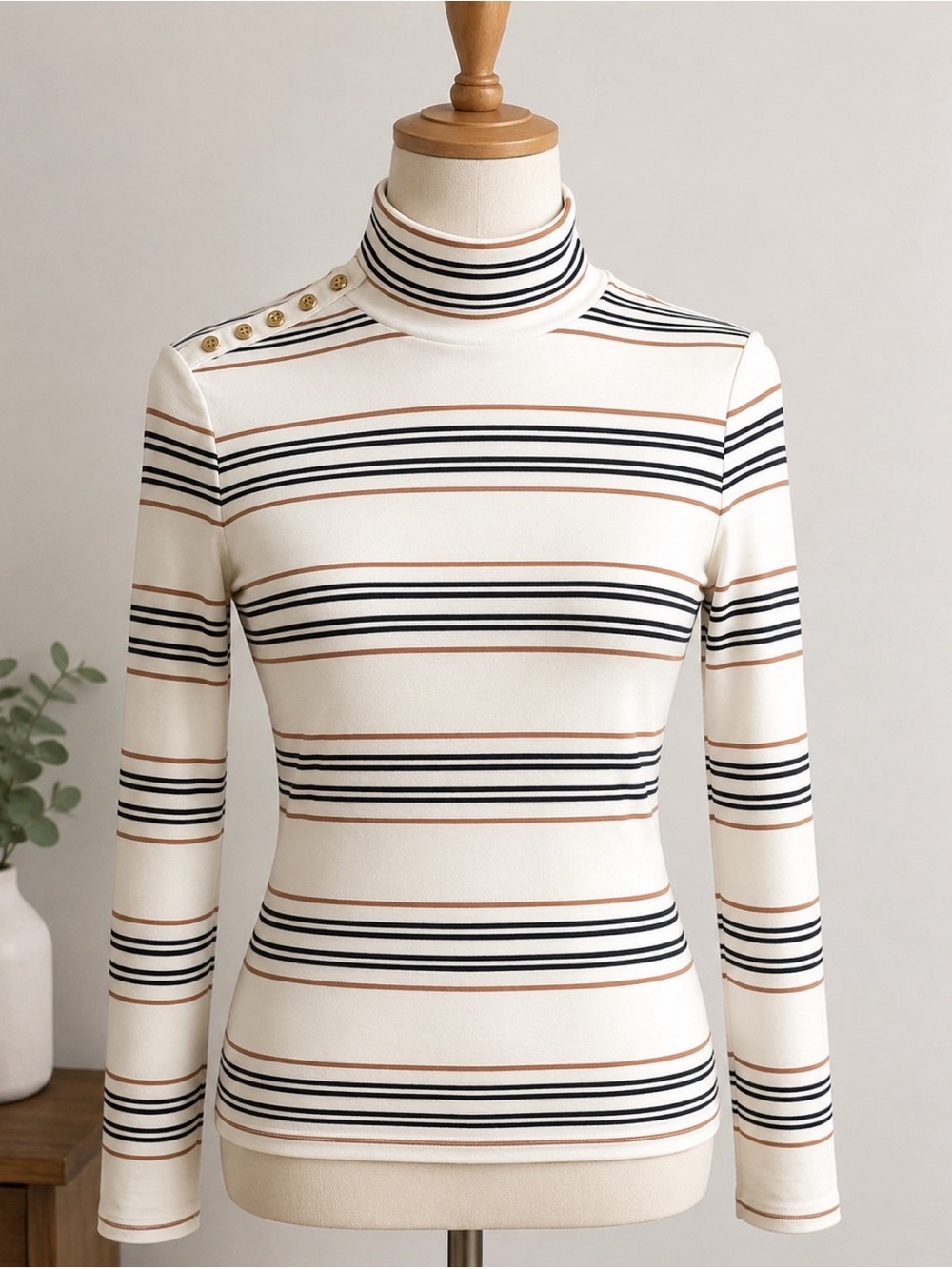 J.Crew Breton Stripe Turtleneck Top Gold Button Shoulder Ivory Navy Size M